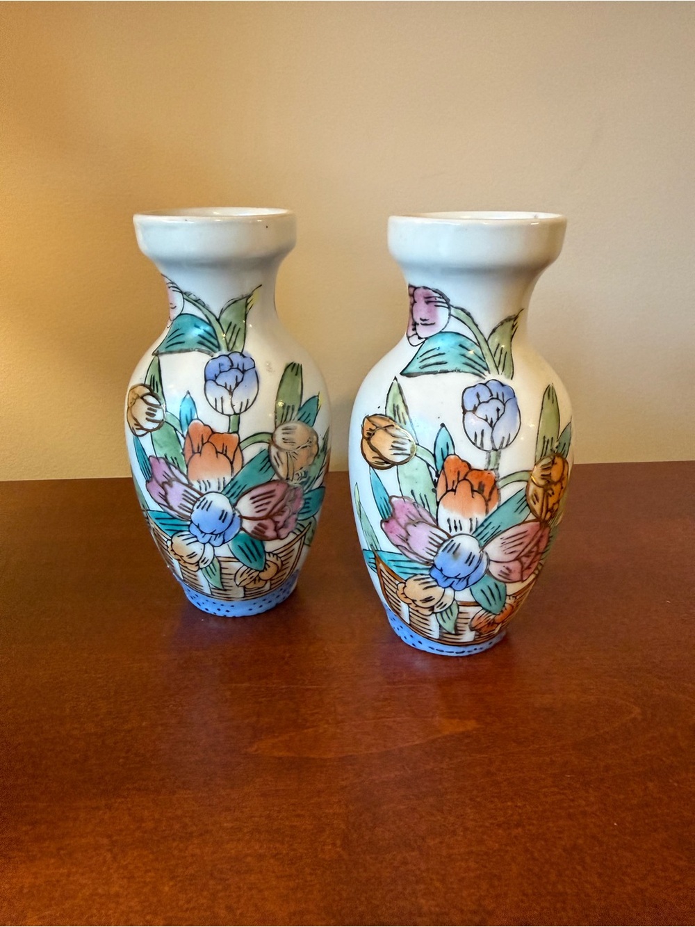 Hand-Painted Ceramic Floral Vases - White with Multicolor Flowers (Pair)